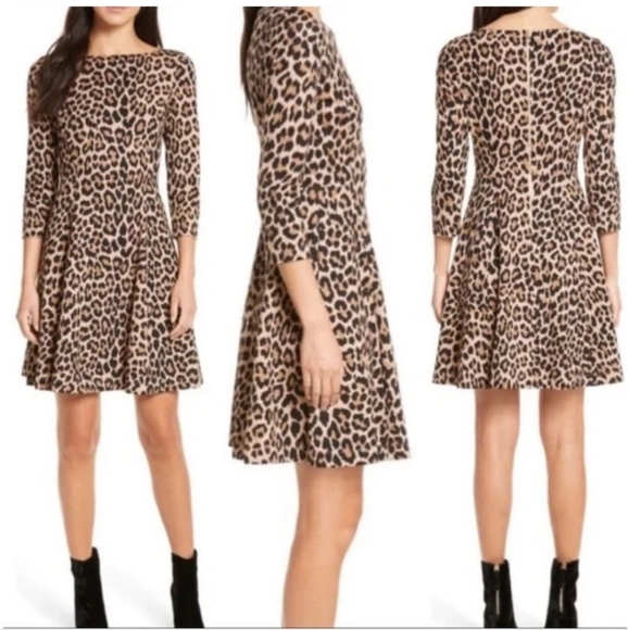 Kate Spade | Run Wild Fit & Flare Ponte Leopard Print Dress 3/4 Sleeves Size 2 - Picture 2 of 6